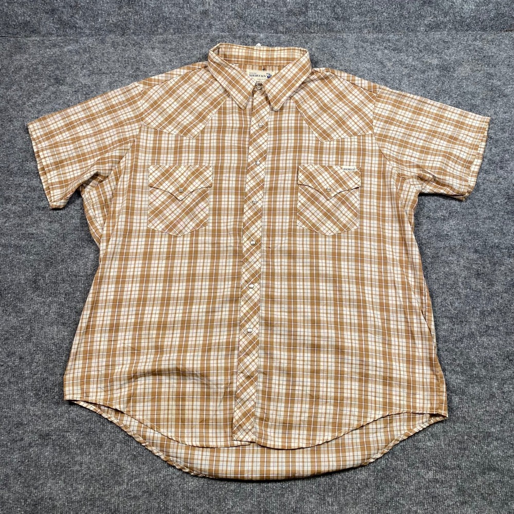 Roebucks Vintage Mens XXL Western Plaid Short Sleeve Pearl Snap Shirt Tan USA